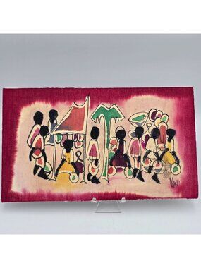 Signed African Wax Textile Tribal Folk Art Painting Wall Hanging Market 12"x7"